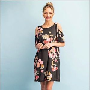 Watercolor roses print open shoulder swing dress